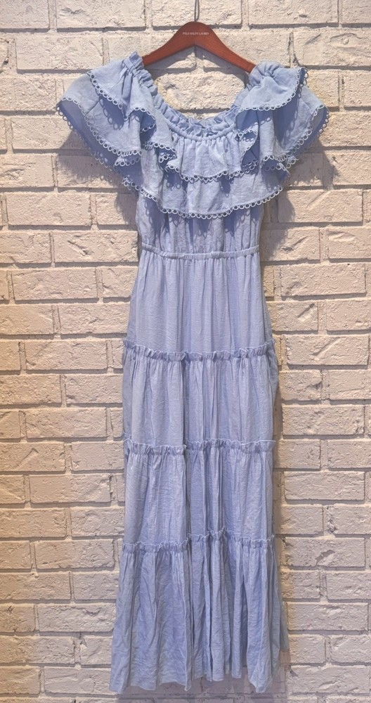 Crown & Ivy Light Blue Ruffle Layered Off-Shoulder Maxi Dress Lined Size M