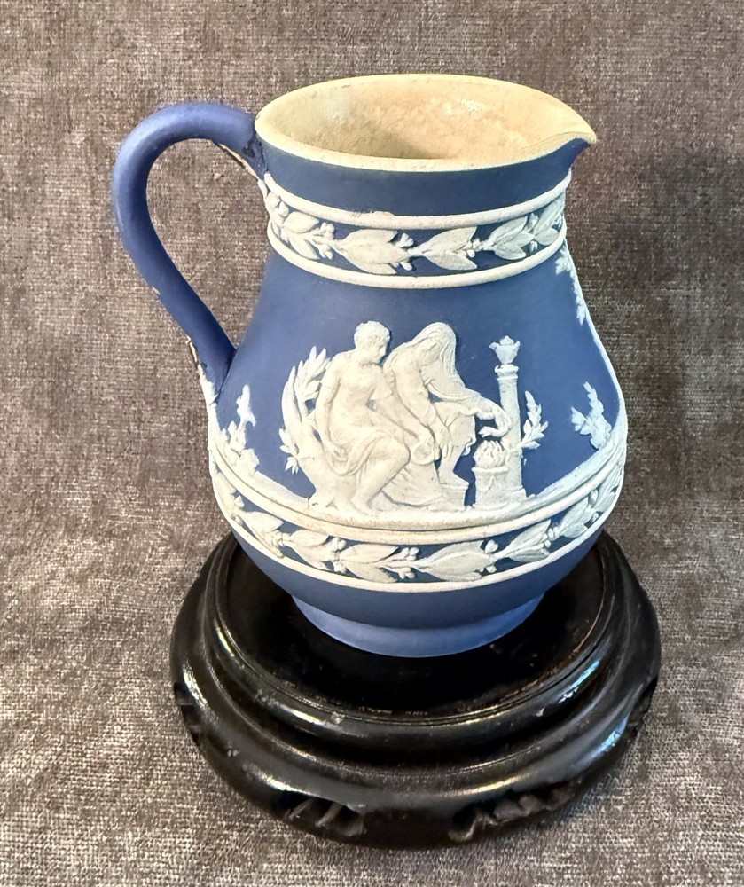 Wedgwood 19thC Dark Blue Dip Etruscan Laurel Leaf 3 ¼” Jug Repaired Handle