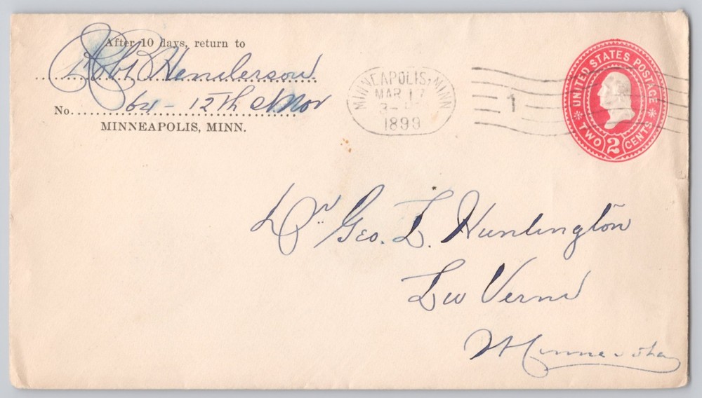 Minneapolis, MN 2-cent Washington Postal Envelope, 'After 10 Days' 1899