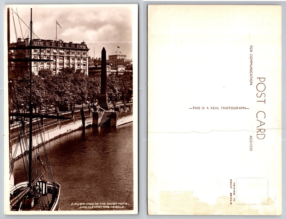 London Savoy Hotel & Cleopatra's Needle Real Photo RPPC Postcard Thames River