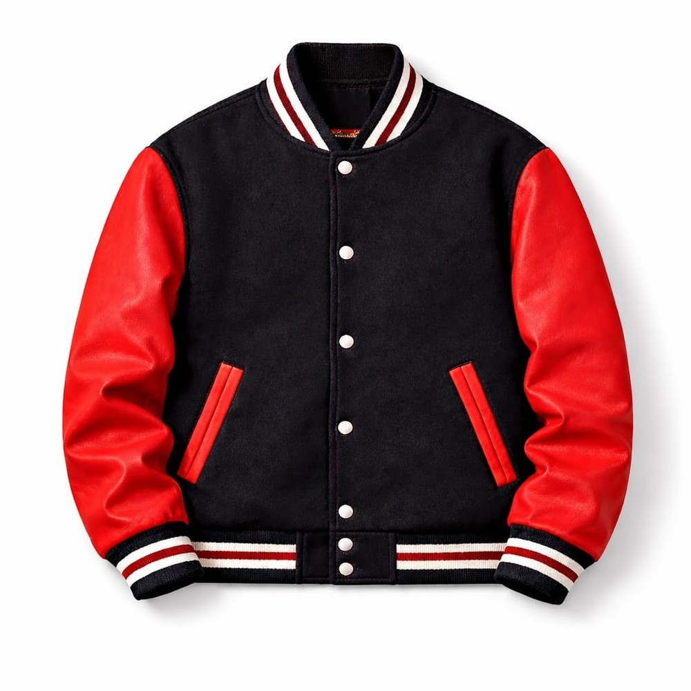 Men’s Varsity Jacket Black Wool Body Red Leather Sleeves Bomber Baseball College