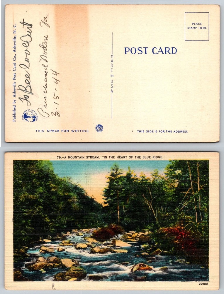 Blue Ridge Mountains Stream Linen Postcard Asheville NC 1944 Vintage