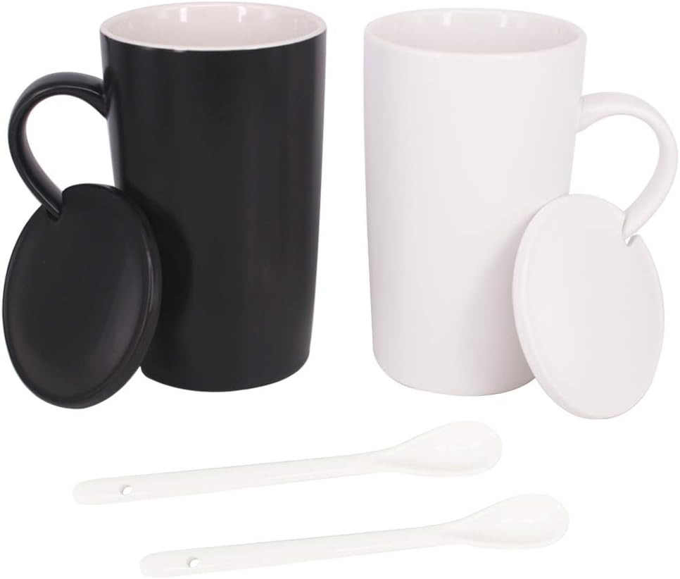 16Oz Set of 2 Ceramic Coffee Mug with Lid and Spoon, Milk Cup Classic Mug Drinki