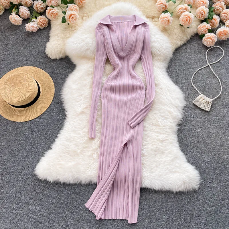 Autumn Winter Knit Rib Wrap Mid Pencil Dress Women Streetwear Korean Long Sleeve