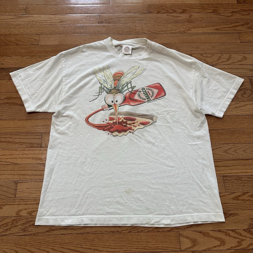 Vintage Tabasco Hot Sauce Promo T-Shirt Mosquito Pizza Graphic USA Made Men’s XL