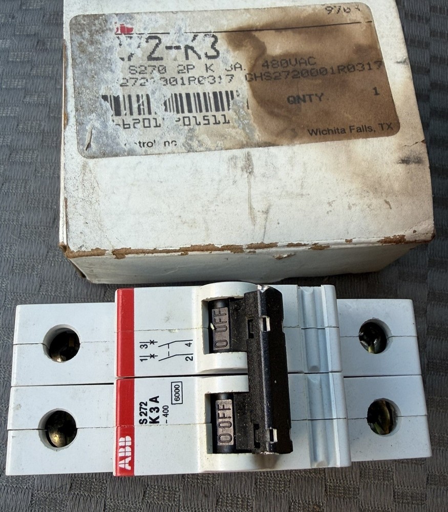 *New* ABB S272-K3A Circuit Breaker, 2-Pole, 3A 277/480VAC, DIN Rail