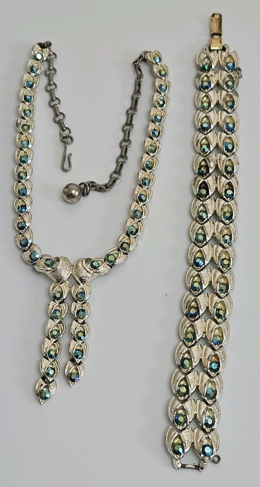 Vintage Aurora Blue Green Peacock Feather Necklace Bracelet Set