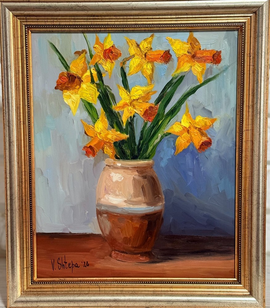 Blooming Flowers Daffodils Painting Original Oil Impressionism Signed Art Framed