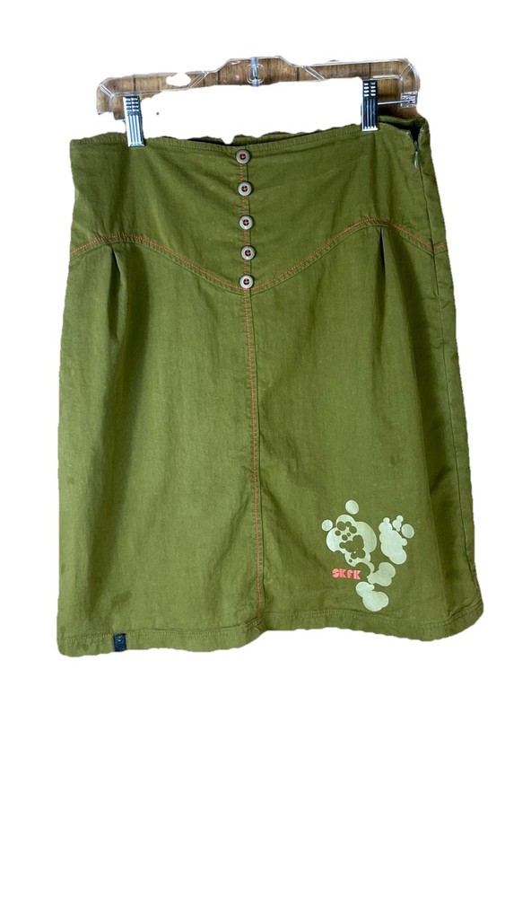 SkunkFunk (Sz L, UK 4) Milia Skirt Green Buttons Logo Red Thread Zipper Lined