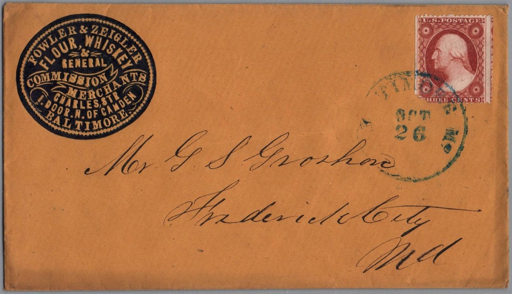 C 1858 Baltimore Maryland Fowler & Zeigler Flour Whiskey Advertising Cover US 26