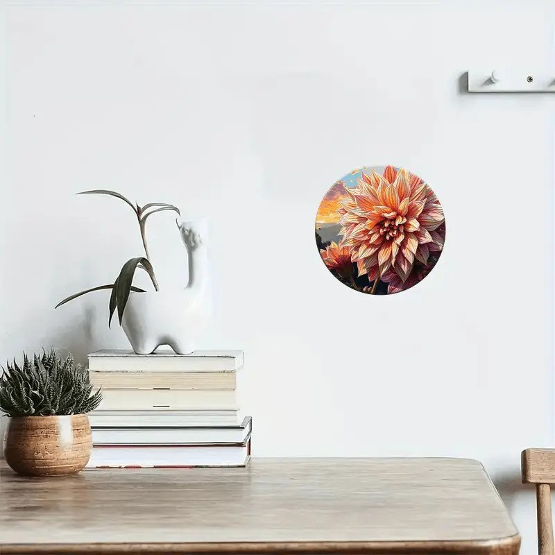 Retro Floral Wall Art 8inch Round Pink Dahlia Design Aluminum Sign