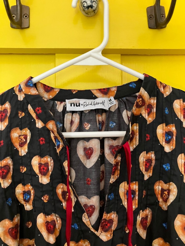 nu Rachel Antonoff Womens Heart Cookie Print Dress M Black Long Sleeve Ruffle