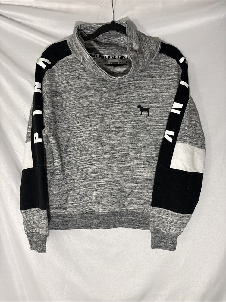 PINK Victoria's Secret Funnel Neck Pullover Sweatshirt Gray Black Logo Small