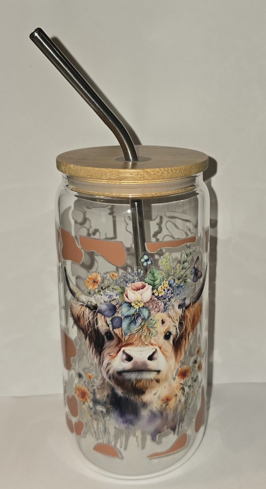 Highlander Cow Western 16oz Ice Coffee Glass Cup With Lid Straw And Brush New