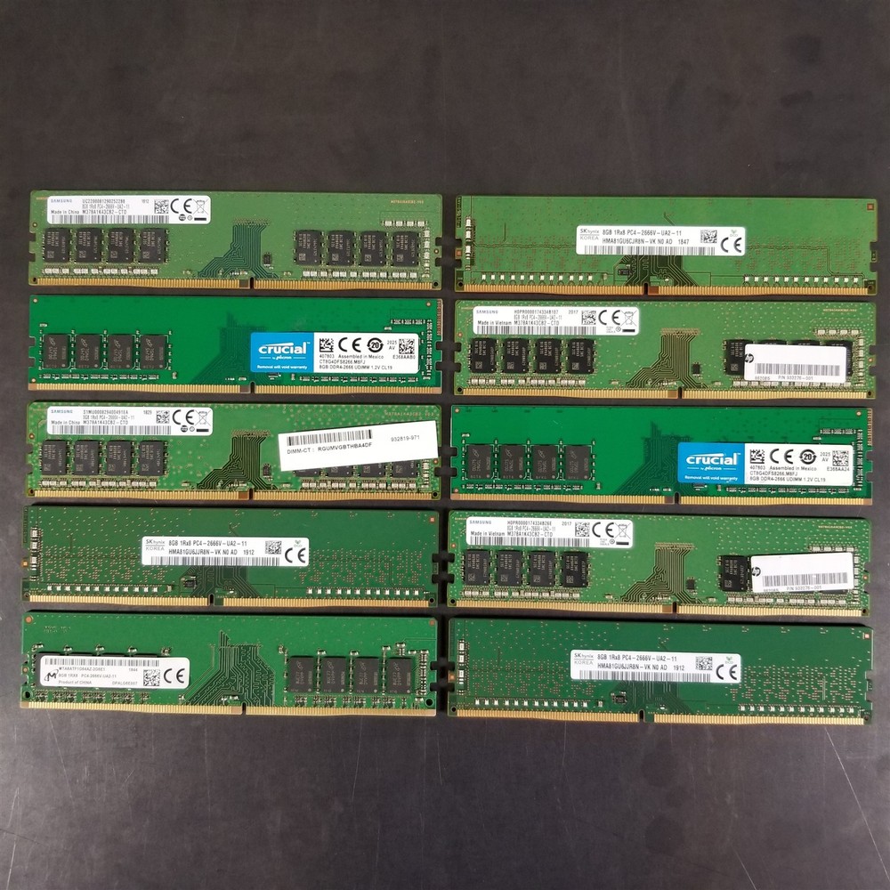 Lot of 10 Mixed Major Brands 8GB PC4-2666 Desktop DDR4 21300 Memory RAM - TESTED