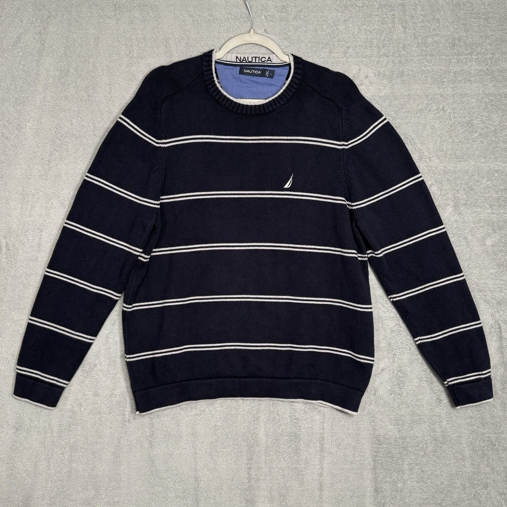 VTG Nautica Mens Large Navy White Striped Cotton Crewneck Sweater Preppy Y2K 90s