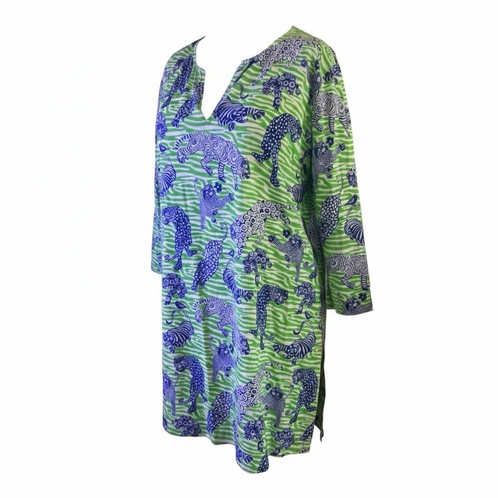 GRETCHEN SCOTT Tiger Tails Cotton Tunic Dress Cover Up Womens L Blue Green