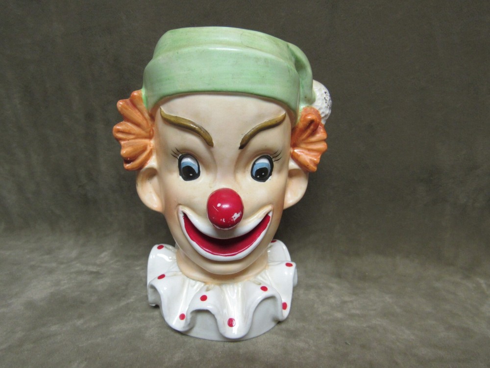 Circa 1950's Napco Ware Pottery Japan Red Hair Green Hat Clown Design Head Vase