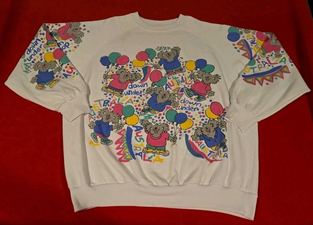 Vintage 80s ‘Australia Down Under’ White Sweater Koala RARE Unique Sz XL AOP