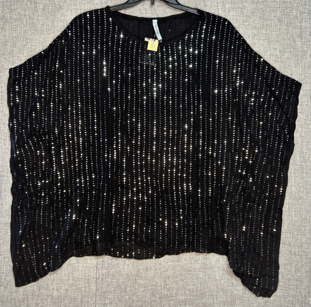Kate Landry Women's Black Flowy Sparkly Silver Sequined Sheer Blouse Top NWT NEW