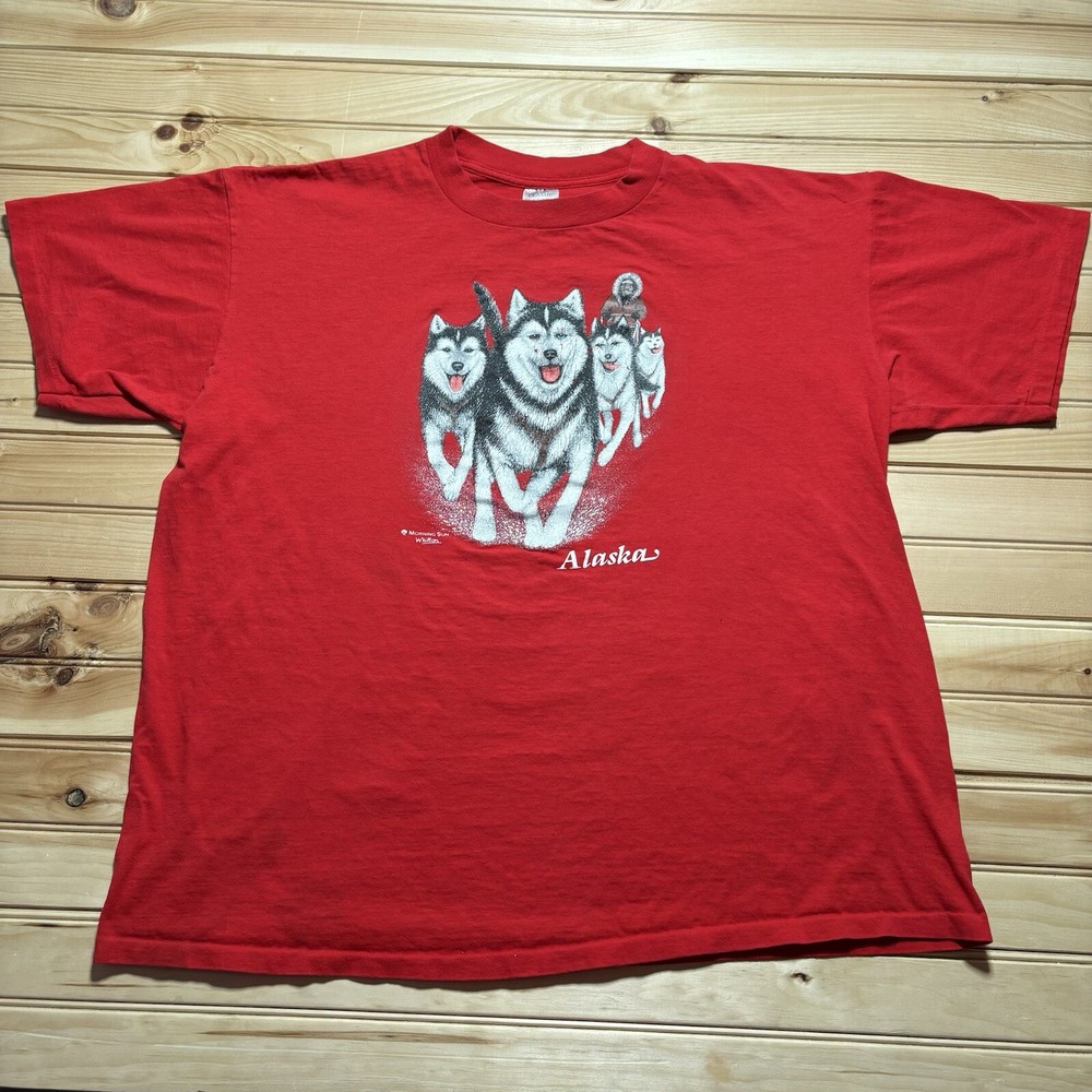 Vintage 80s 90s Alaska Huskies Malamute Dog Sledding Single Stitch Shirt - 2XL