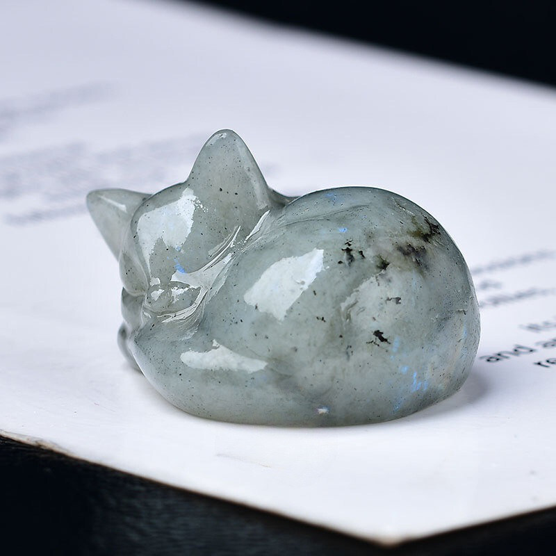 Natural Labradorite Quartz Crystal Carved Sleep Cat Gemstone Statue Reiki Decor