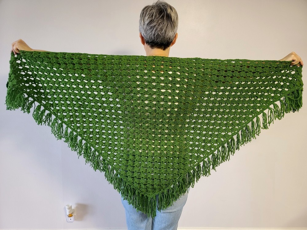 Vintage handmade boho fringe blue poncho, triangle shawl