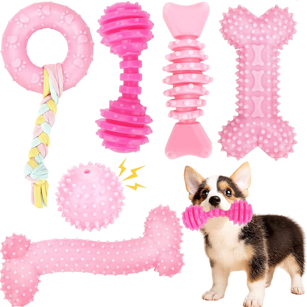 子犬のおもちゃ、子犬用 6パック 犬の咀嚼玩具、かわいいピンクの小型犬のおもちゃ、歯が生えるT