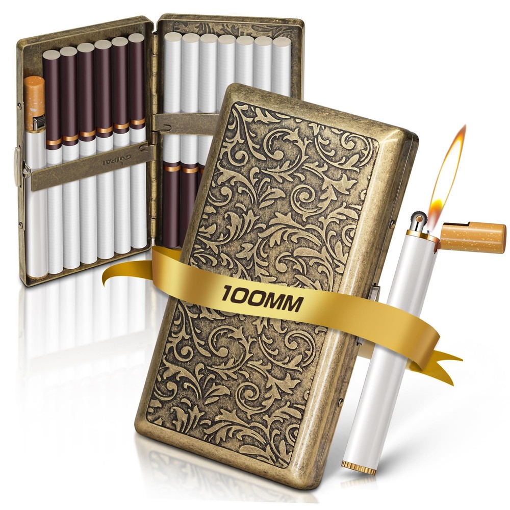 Vintage Cigarette Case with Lighter for 100's ，Smell Proof, Retro Metal Cigar...