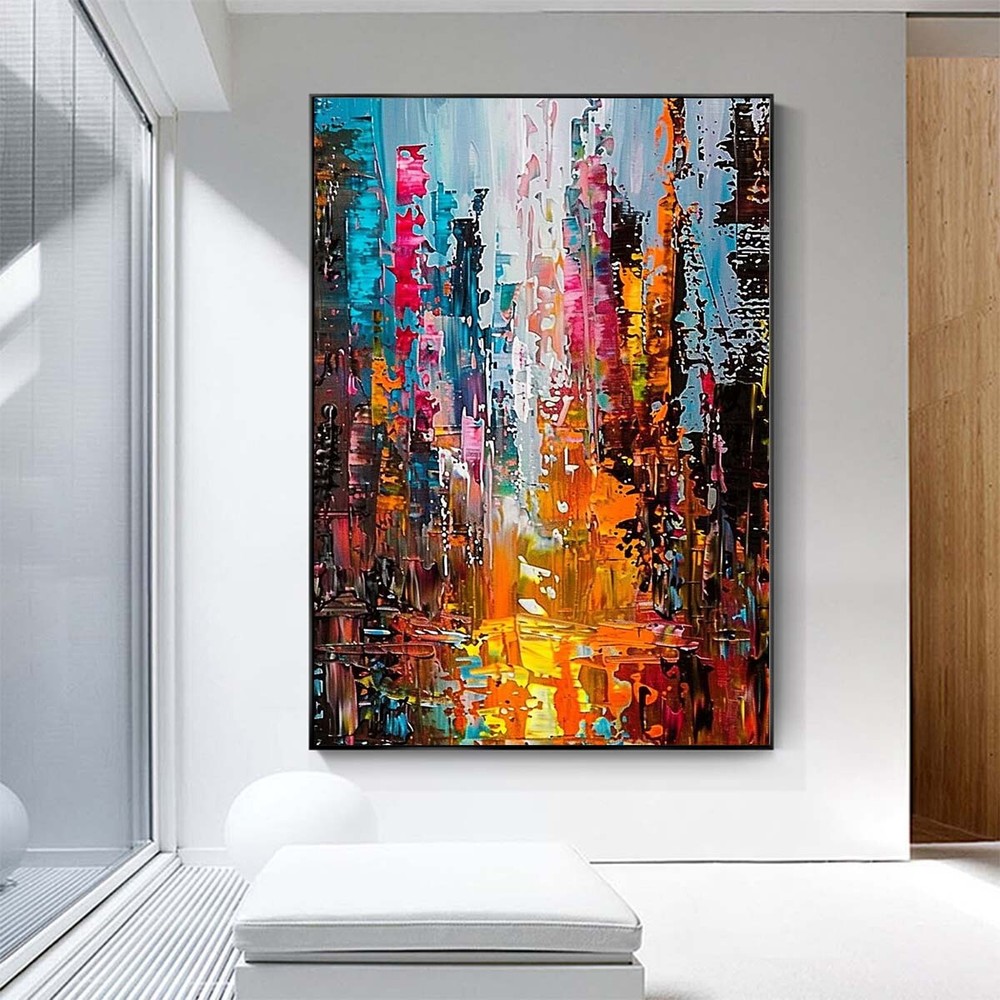 Pink Hand-Painted Oil Painting on canvas Modern Wall Art Abstract Red City Room