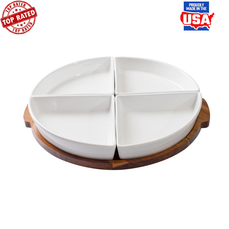 Acacia Wood Lazy Susan 5-Piece Ceramic Serving Tray for Snacks Appetizers and Parties-image