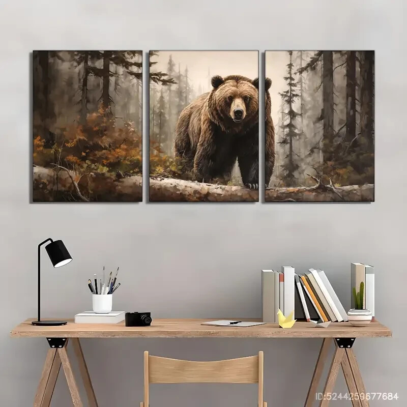 3pcs Grizzly Bear in Foggy Forest Metal Print Wall Art Ready to Hang