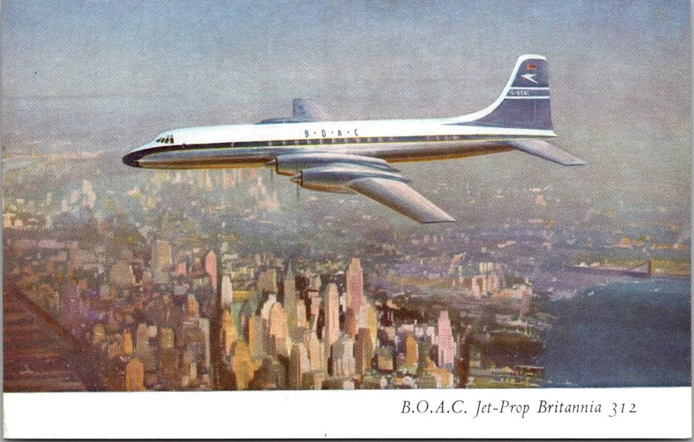 BOAC Britannia 312 Jet-Prop Aircraft Over NYC Vintage Postcard 1959
