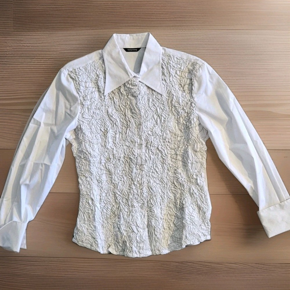 Samuel Dong Women's L/S White Runched Front Shirt Sz Medium