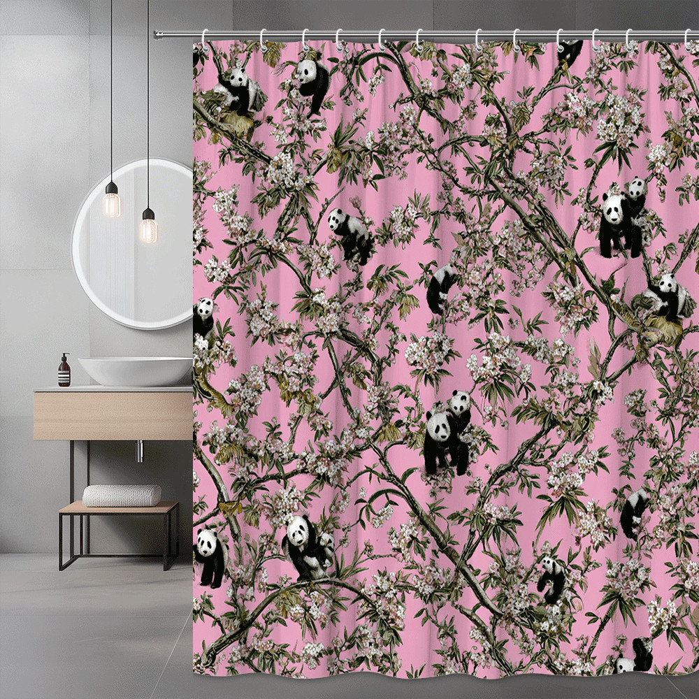 Pink Panda Blossom Shower Curtain Floral Animal Print