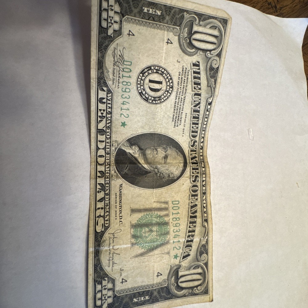 1934 C $10 Dollar Bill Rare 10 Dollar Note with Star At End of Serial Number