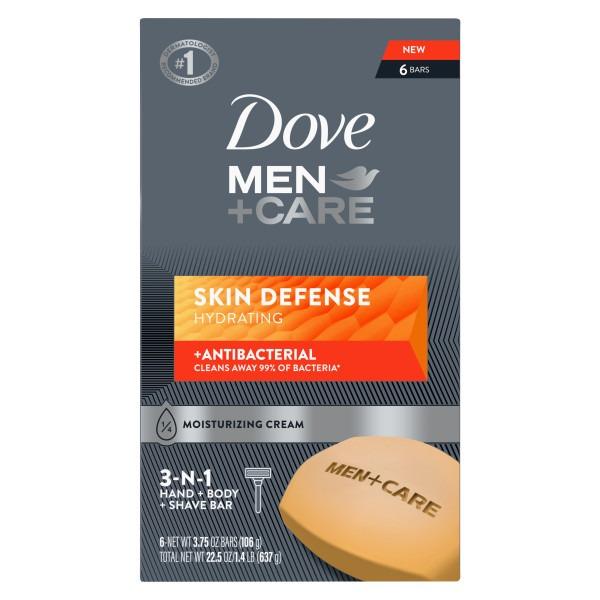 Dove Men+Care Skin Defense Antibacterial Hydrating Bar Soap Exp 10/2026- 6 pack