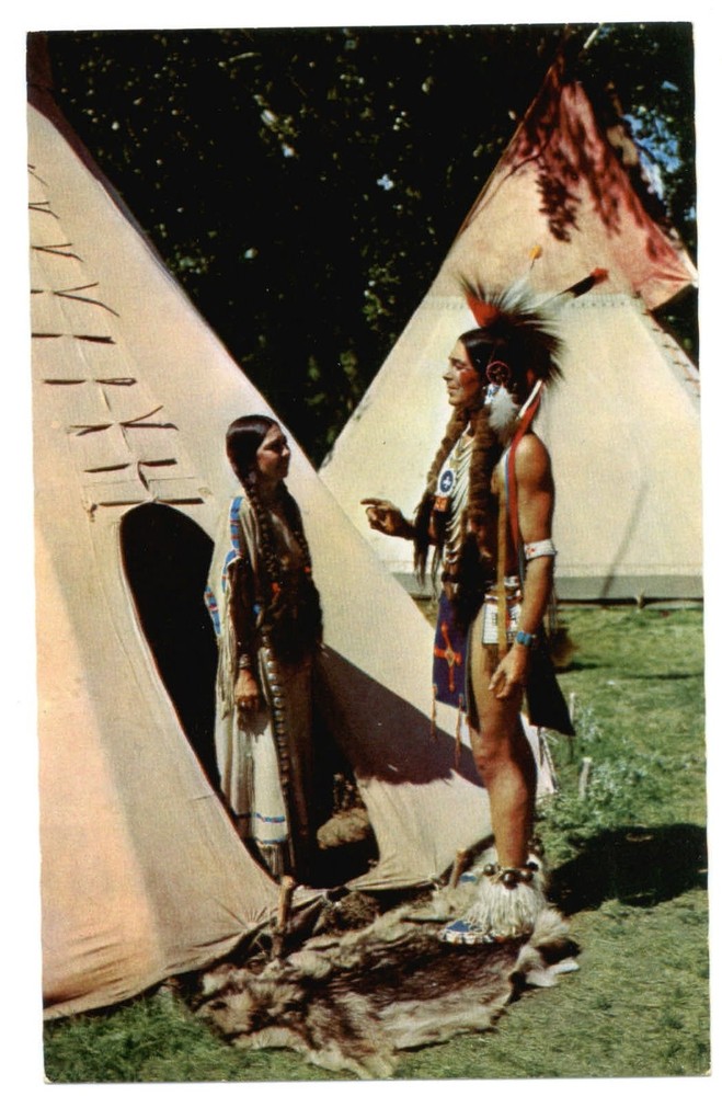 South Dakota Sioux Chief and wife tepees full regalia unused vintage postcard