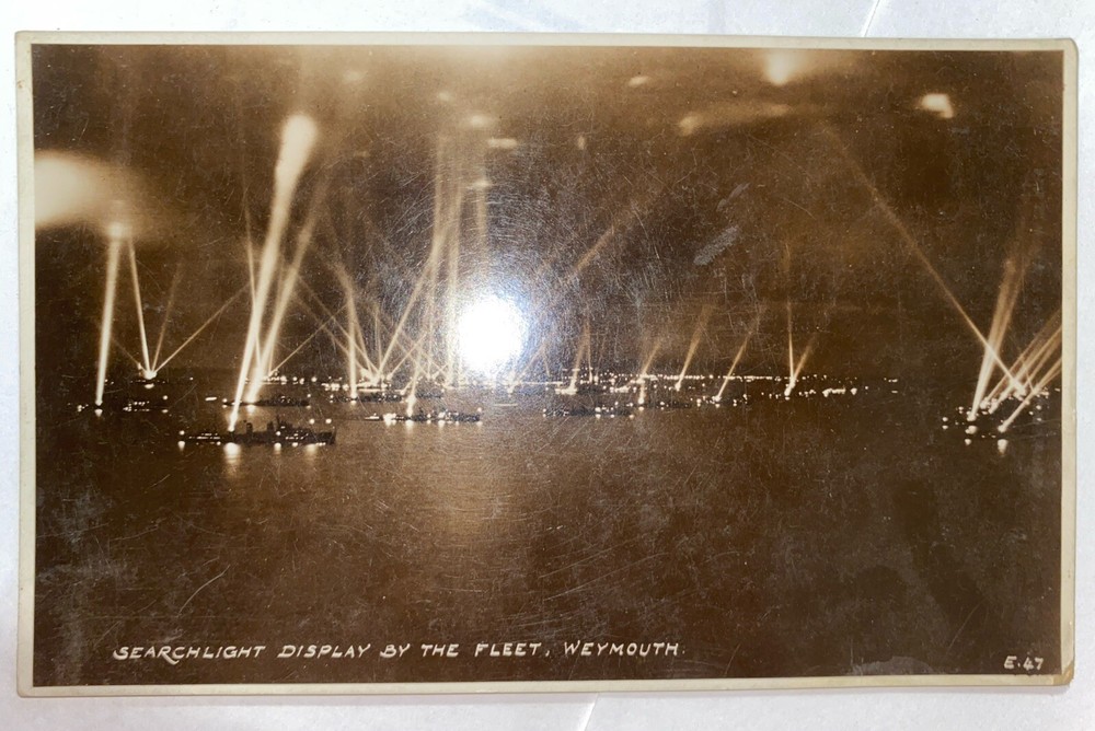 Antique Postcard Searchlight Display By The Fleet HM The King Weymouth Harbour