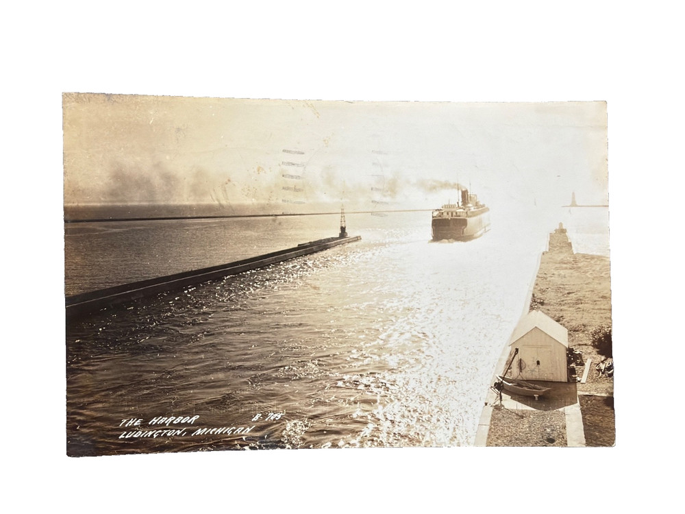 RPPC Ship exiting the Harbor, Ludington MI-Vintage Postcard