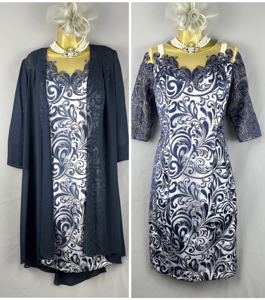 BNWT Couture Club navy multi embroidery mother of the bride knee length dress 14