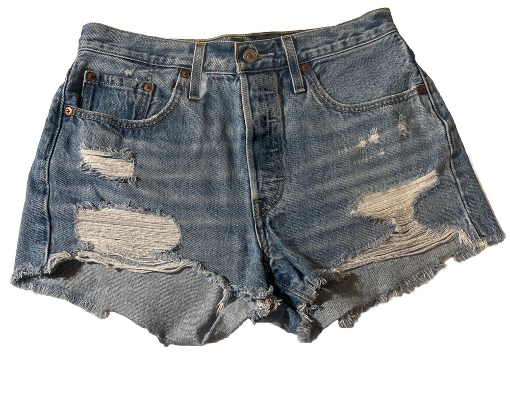 Levis 501 Shorts Womens 28  Blue High Rise Cut Off Button Fly Denim Distressed