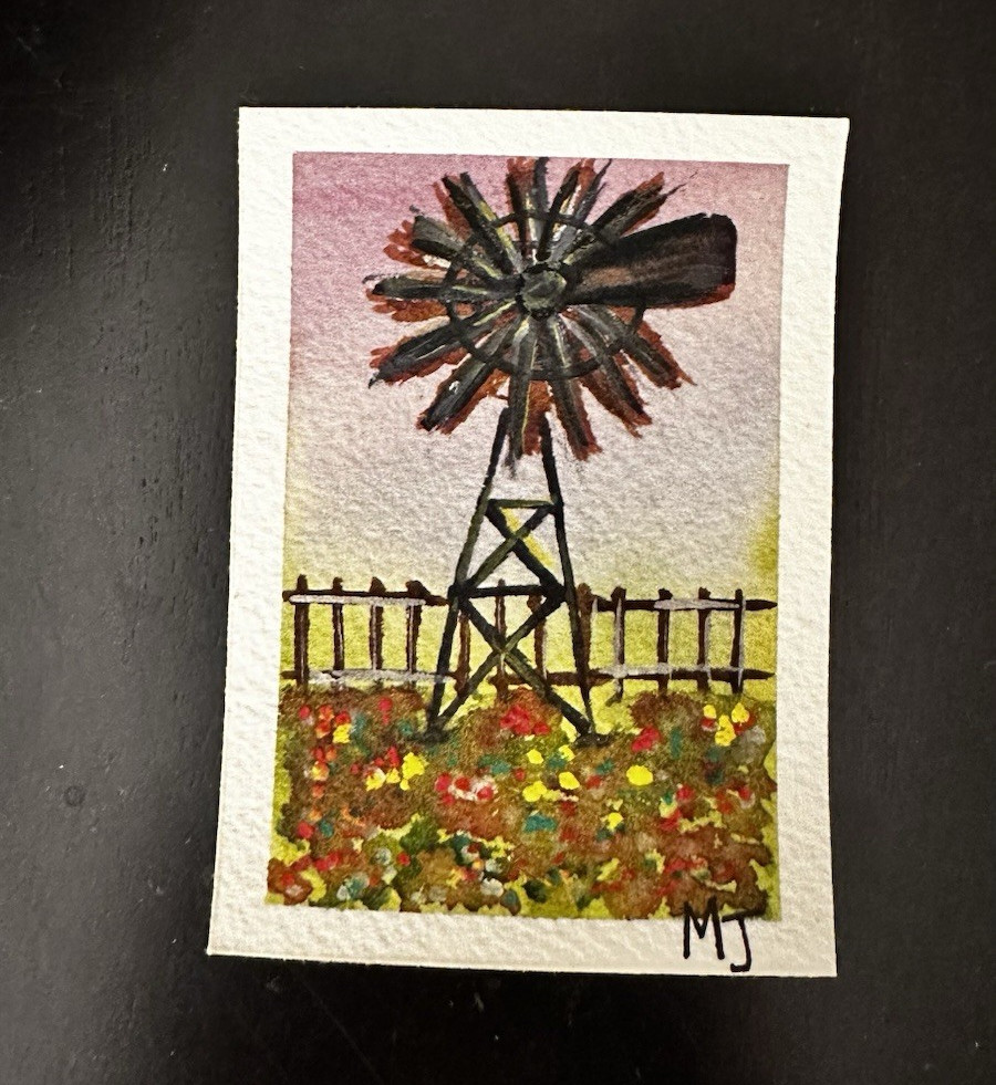 ACEO Original painting - 3.5 x 2.5 watercolor windmill landscape