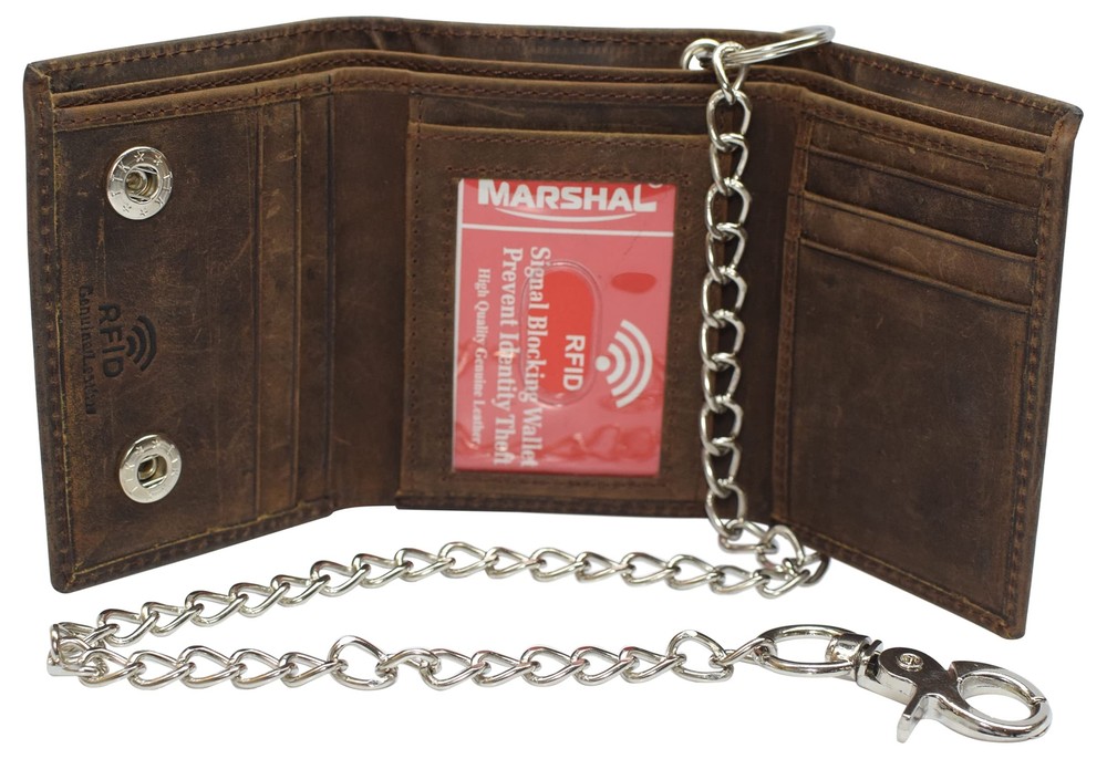 Men's RFID Blocking Trifold Vintage Leather Biker Chain Wallet With Snap Clos...