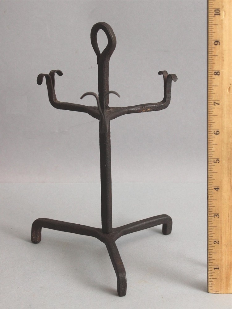 RARE Antique 18thC Primitive Wrought Iron, Triple Rush Light Lamp, NR