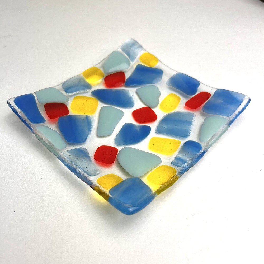 Abstract Blue Fused Glass Square Dish for Jewelry Candy or Trivet 6x6-image