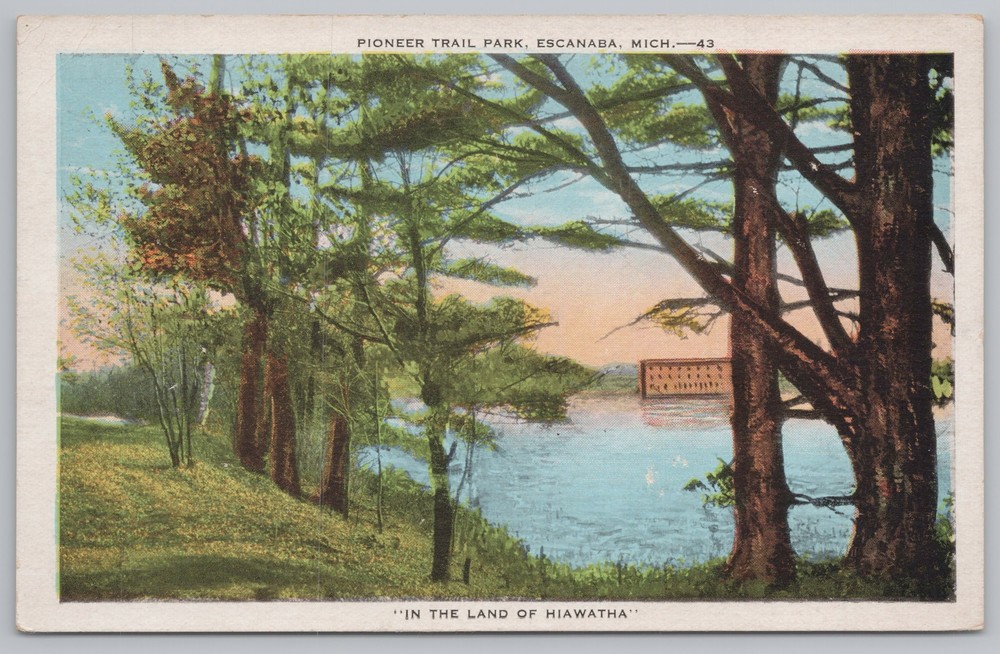 Escanaba Michigan~Pioneer Trail Park~View Along Water~Vintage Postcard