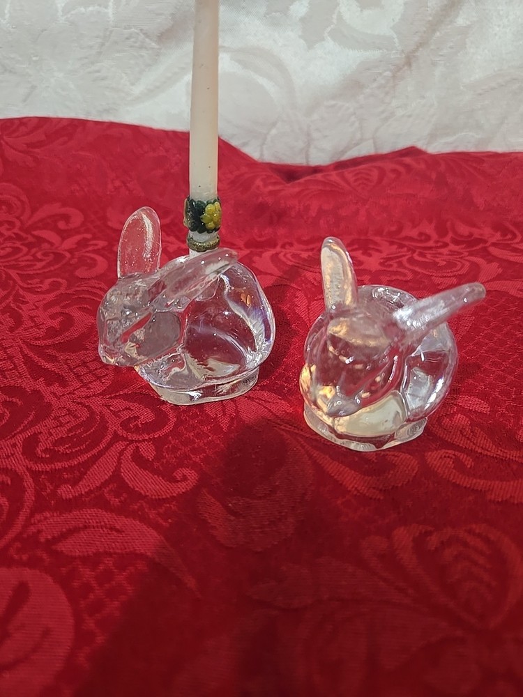 Small Glass Bunny Rabbit Candle Holders For Tiny Taper Candles (Set Of Two) VTG