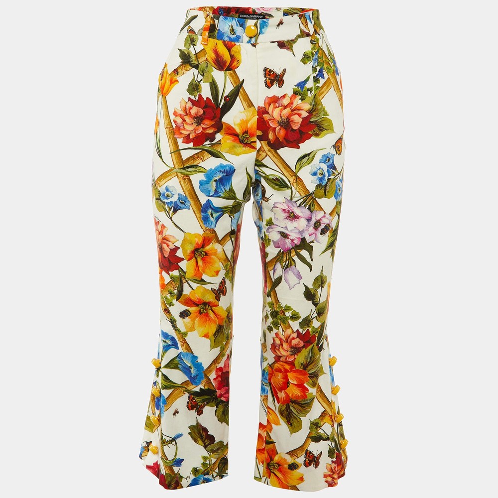 Dolce Gabbana White Printed Cotton Wide Leg Trousers M