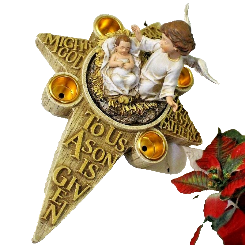 Advent Candle Holder Wreath Angel Baby Jesus Star Holds Taper Candles